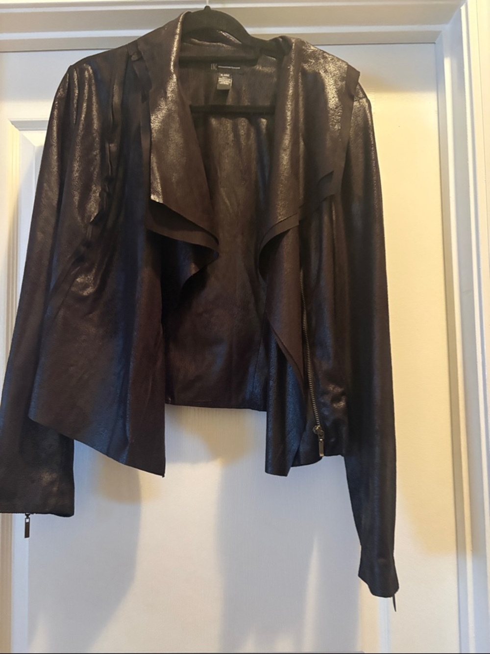 INC International Concepts Shimmery Dark Brown Faux Leather Open Front Jacket